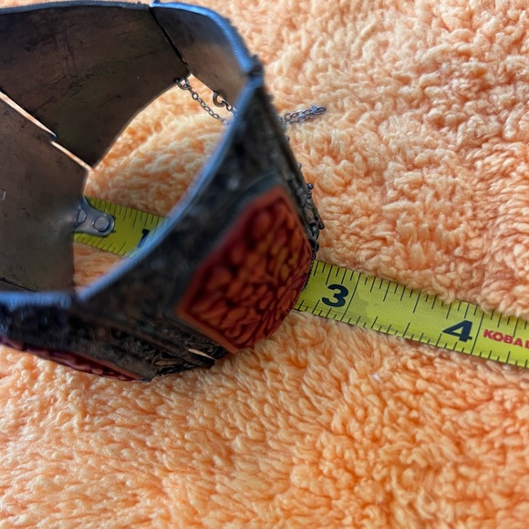 Wide Antique Chinese Export Cinnabar and Silver Filigree Bracelet - Picture 8 of 12